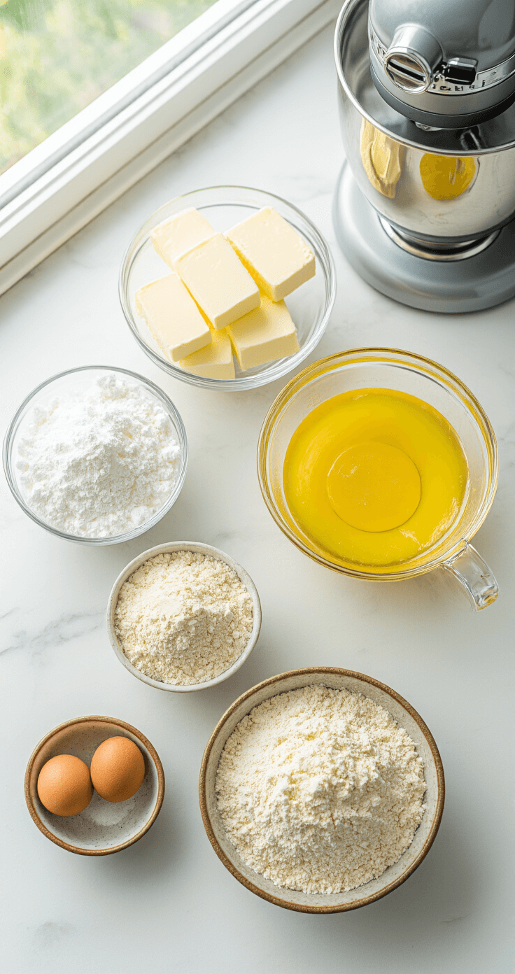 Cinematische overhead opname van een marmeren keukenblad met zacht natuurlijk licht, waarop ingrediënten voor een keto cheesecake zijn gerangschikt: kristallijne poedersuiker, roomwitte roomkaas, gesmolten gouden boter in een glazen kom en perfect gemeten amandelmeel in aardse keramische kommen, met een professionele standmixer in gereedheid.