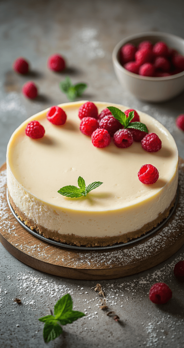 Een professioneel gefotografeerde no-bake cheesecake in een elegante springvorm, met een gladde, ivoorkleurige bovenkant die mooi wordt verlicht, garnituur van verse rode bessen en muntblaadjes, gepresenteerd op een vintage houten bord met een subtiele bestuiving van poedersuiker voor een sfeervolle low-carb dessertscene.