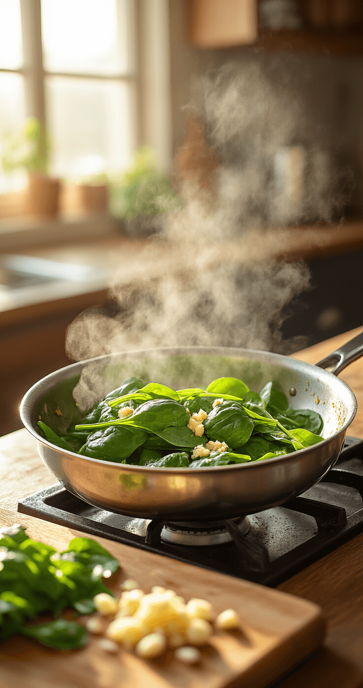 Professionele keuken verlicht door warm natuurlijk licht, met verse groene spinazie die sizzelt in een roestvrijstalen pan met olijfolie en knoflook; een houten snijplank met gemalen knoflook en kruiden op de achtergrond.