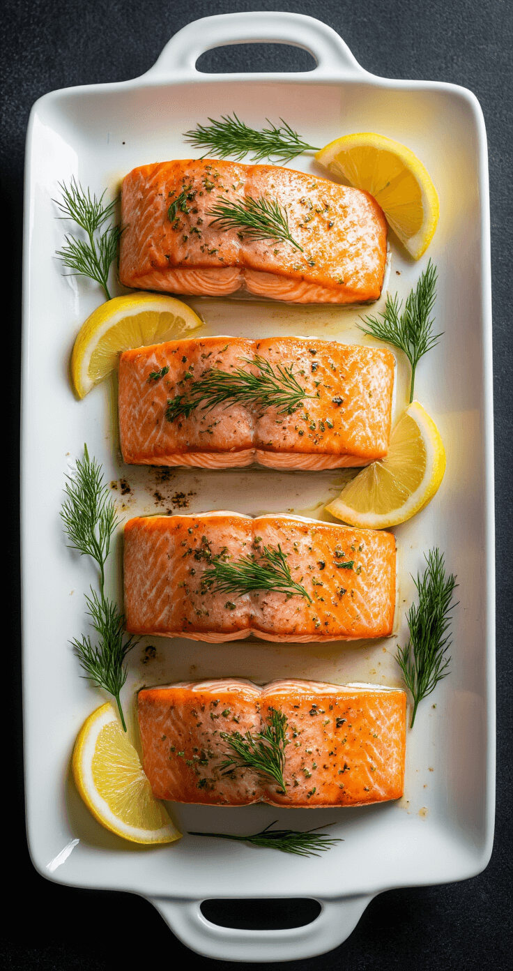 Professionele bovenaanzicht van perfect geroosterde zalmfilets met een krokante buitenkant en lichtroze hart, mooi gepresenteerd op een wit keramisch bord. Garnering met verse dille en citroenpartjes, subtiele stoom en warme richtingverlichting die de aantrekkelijke kleuren van het gerecht benadrukt.
