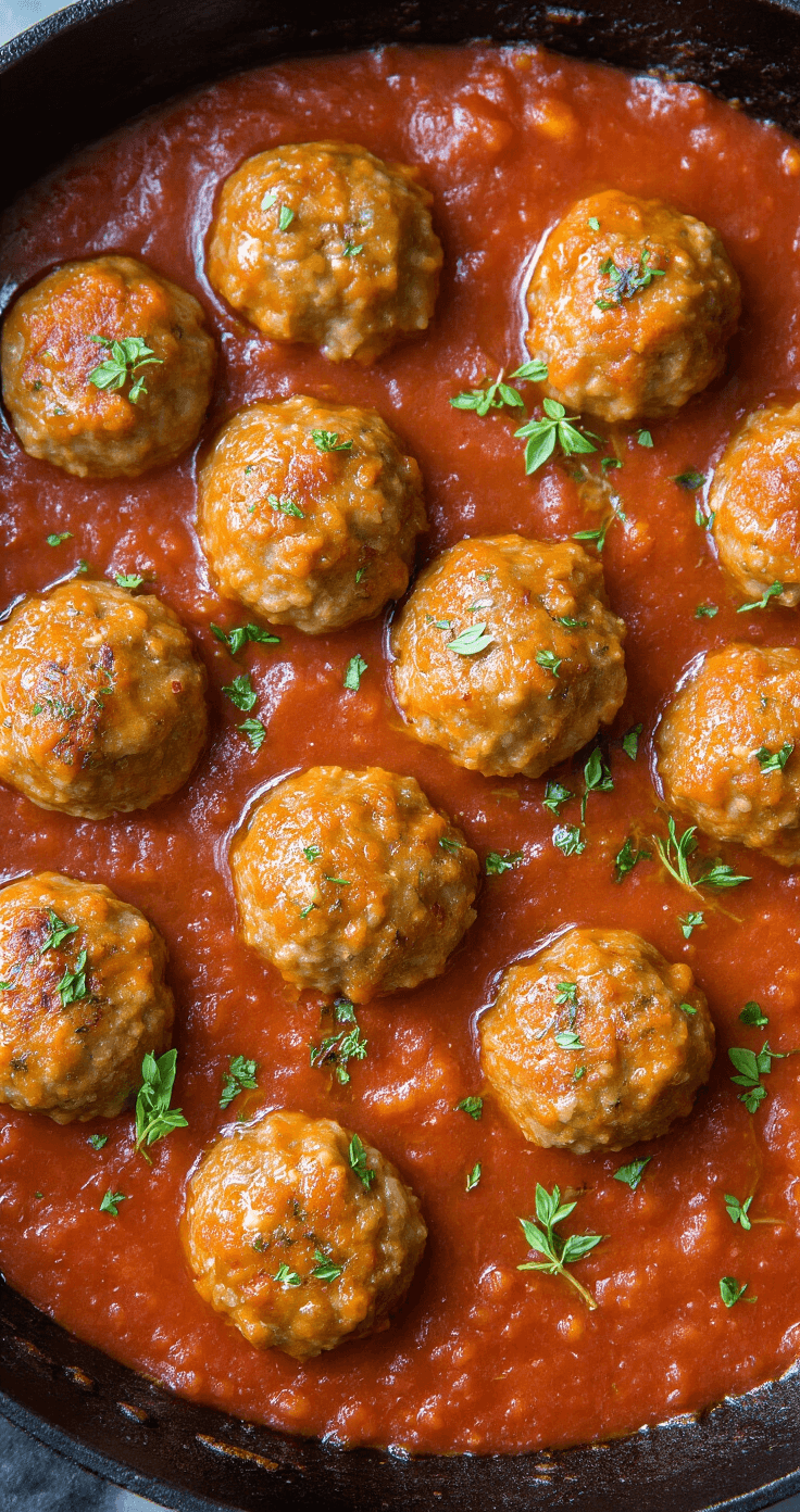 Een dramatisch bovenaanzicht van goudbruine gehaktballen die sudderen in een rijke, borrelende tomatensaus in een zwarte gietijzeren pan. Stoom stijgt zachtjes op en vangt het sfeervolle keukenlicht, terwijl verse kruiden en fijngehakte knoflook rond de randen van de pan liggen. De saus heeft een glanzende glans met kleine poelen olijfolie zichtbaar.
