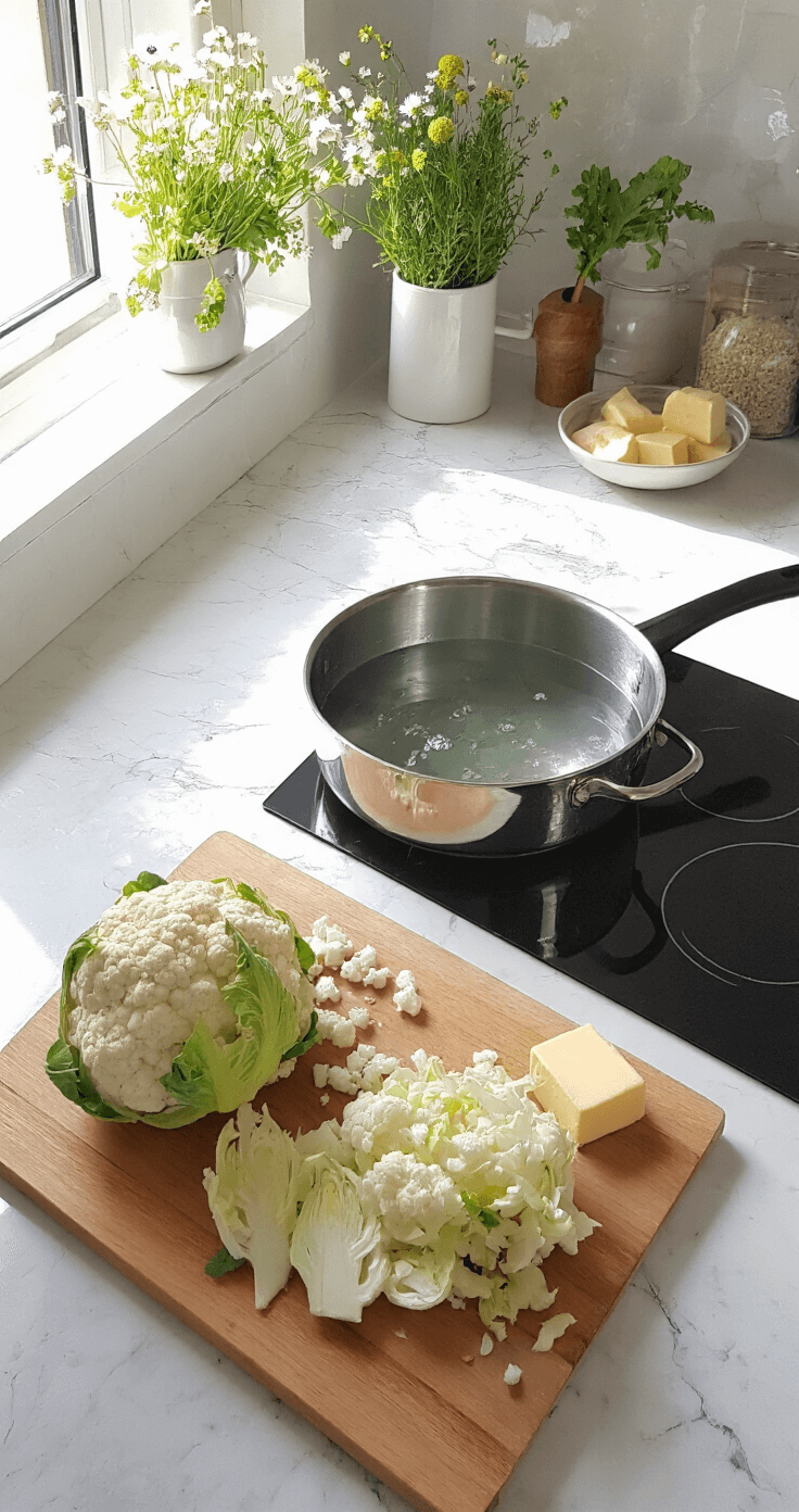 Moderne keuken met zonlicht, een snijplank met een verse bloemkool in roosjes gesneden, een pan met kokend water en verse kruiden, room en boter op een marmeren aanrecht.