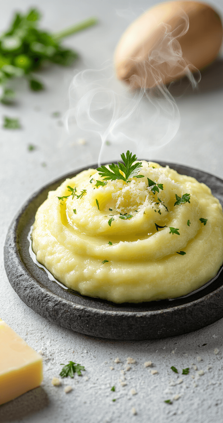 Artistiek opgemaakt bord met romige bloemkoolpuree, gegarneerd met peterselie en Parmezaanse kaas, op een donker stenen bord met natuurlijke belichting.