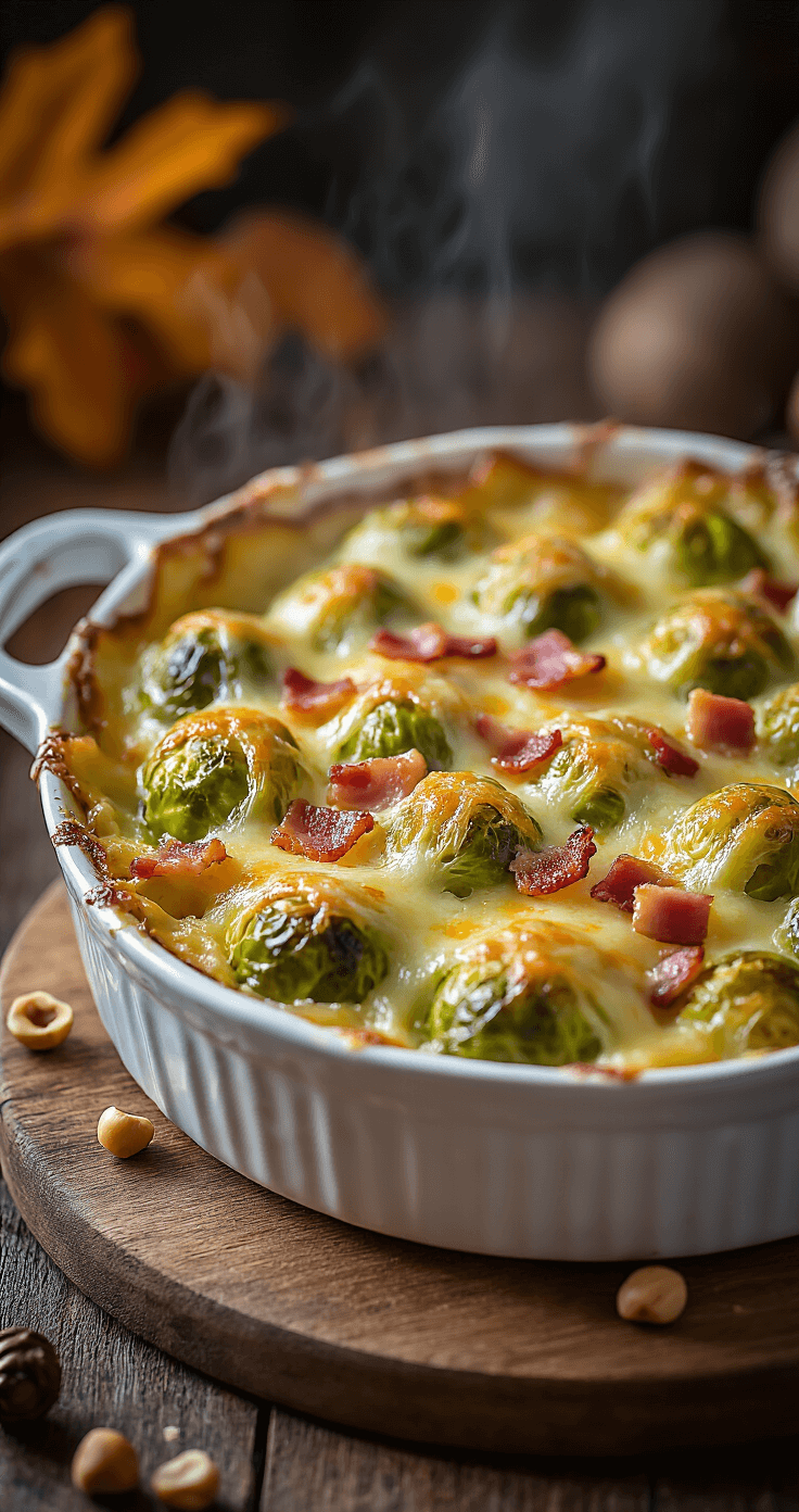 Close-up van een dampende gratin met spruitjes, bedekt met gouden, knapperige kaas en stukjes krokante bacon, omringd door herfstdecoraties op een houten onderzetter.