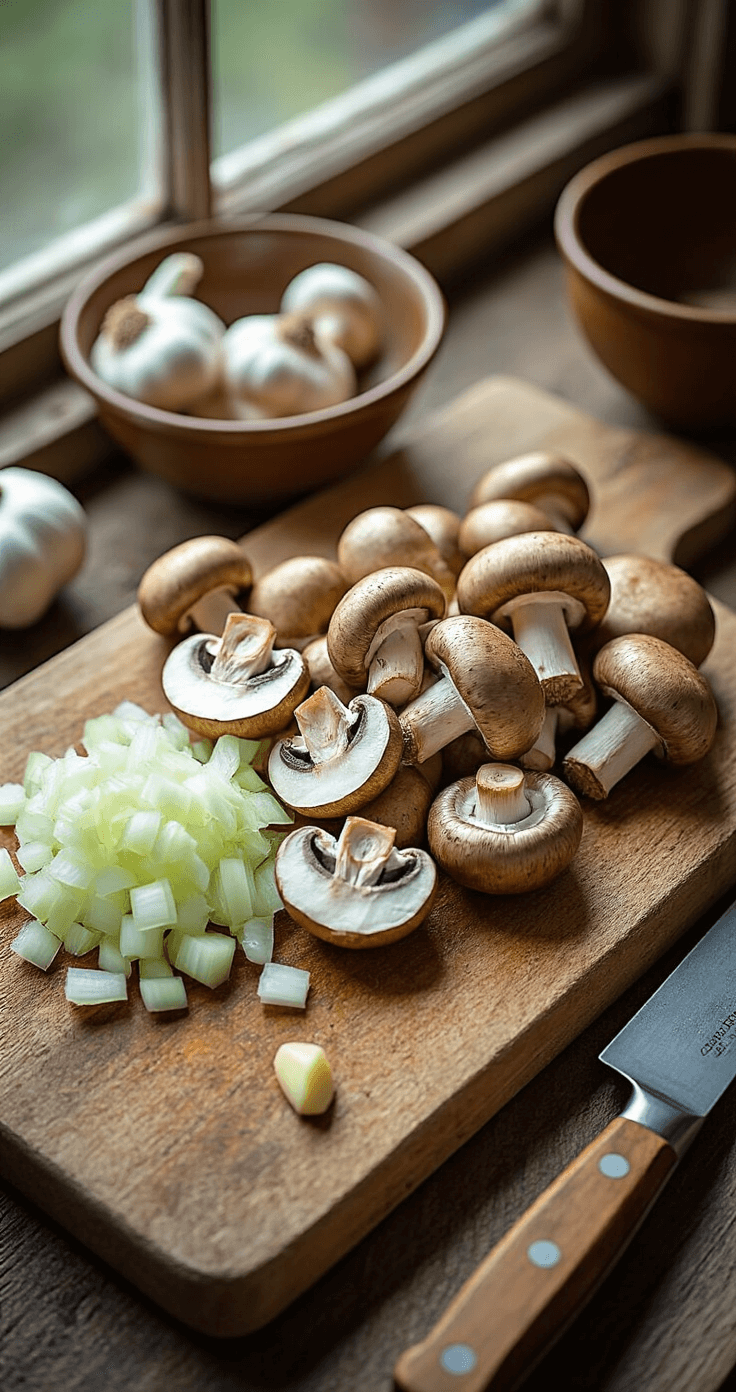 Close-up of sliced champignon mushrooms, diced onions, and crushed garlic on a wooden cutting board, with a vintage chef's knife and earthenware bowl, illuminated by natural light in a rustic Dutch kitchen.