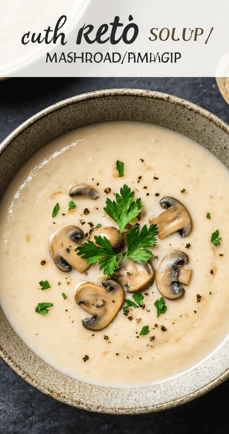 Overhead view of a creamy mushroom soup in an antique ceramic bowl, garnished with parsley and cracked black pepper, with steam rising against a dark background.