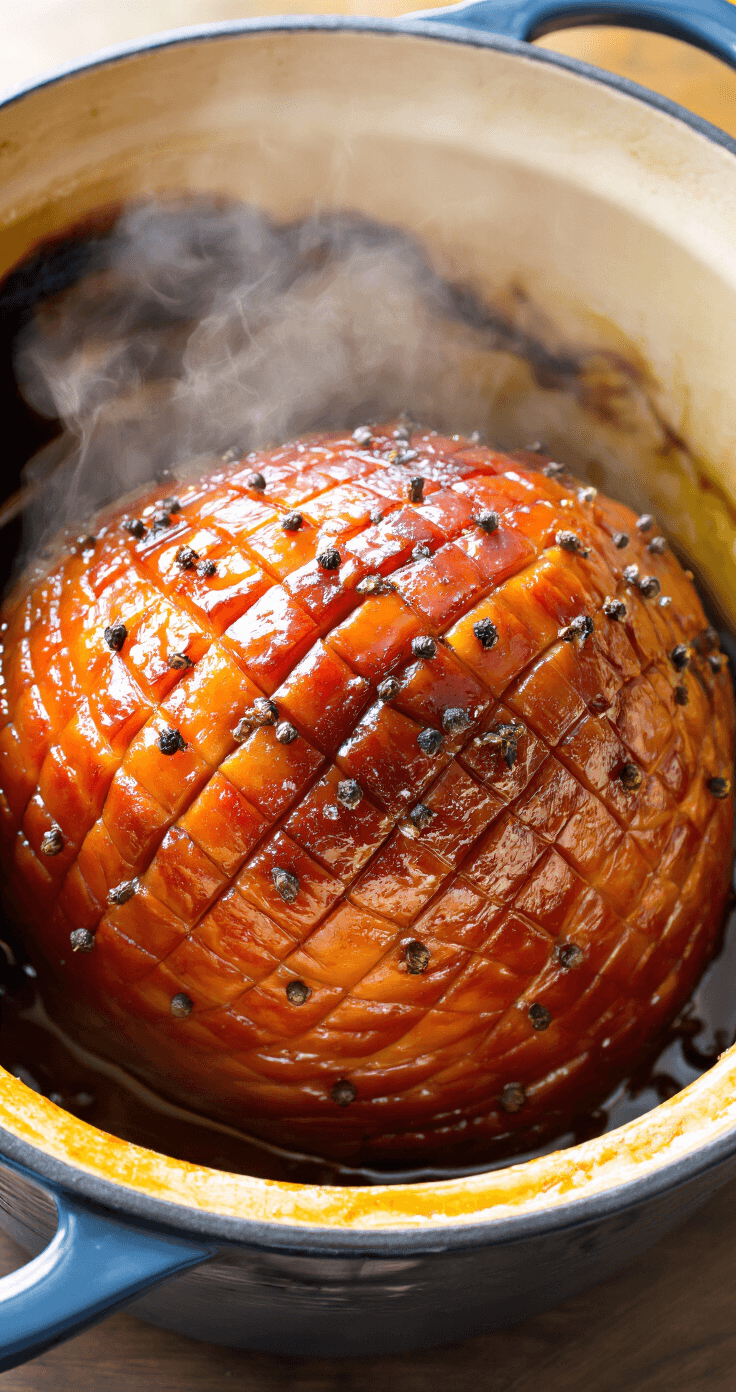 Dramatische opname van een glanzende, met honing-mosterdglazuur bedekte ham die uit een traditionele Dutch oven komt, omgeven door opstijgende stoom in het gouden middaglicht.