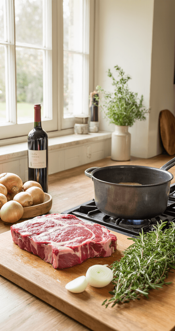 Een rustieke keuken met natuurlijk licht, een houten snijplank met gemarmerde riblappen, een gietijzeren pan, verse kruiden en gesneden uien, en een fles rode wijn op de achtergrond.