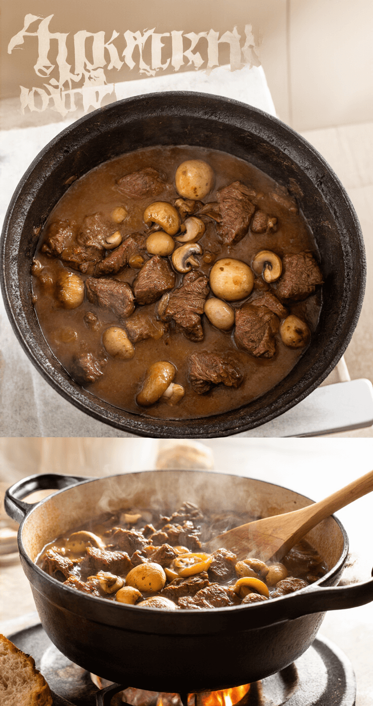 Een gietijzeren stoofpan met donker stoofvlees en champignons, zachtjes pruttelend onder een glazen deksel, omringd door stoom in gouden avondlicht. Een houten lepel leunt tegen de pan.