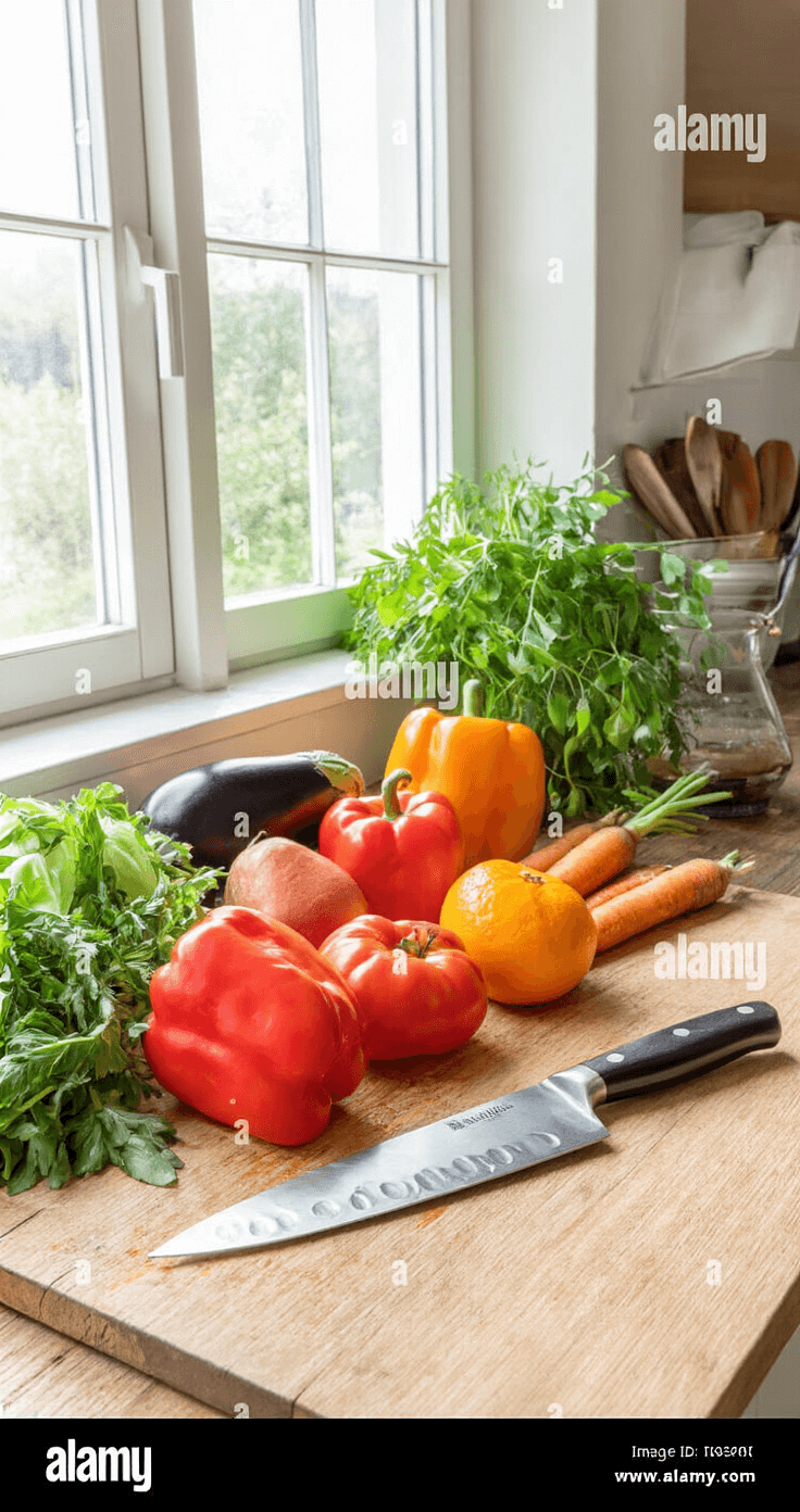 Een rustieke keuken met zonlicht, waar kleurrijke verse groenten zoals felrode paprika's, glanzende aubergines en oranje wortelen op een verweerd houten snijplank liggen, naast een professioneel koksmes en druppels olijfolie.