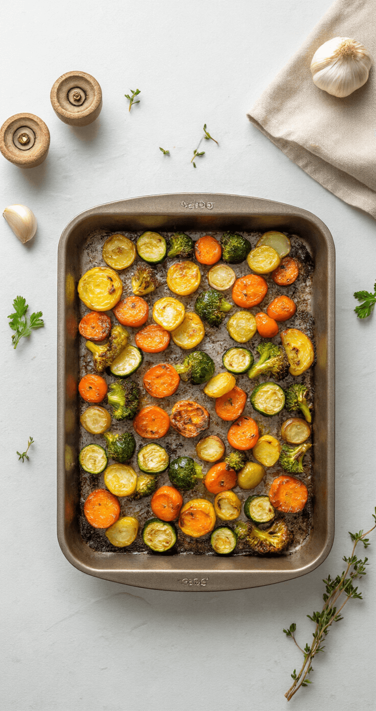 Een ovenschaal met perfect geroosterde groenten, waaronder zoete aardappel en courgette, met goudbruine randen en een aromatische geur van knoflook en tijm.