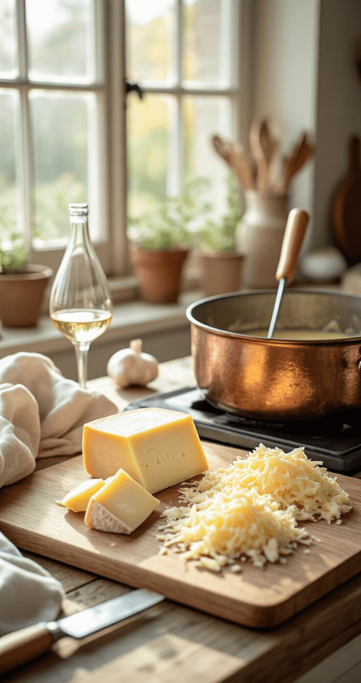Een rustieke houten snijplank met vers geraspte Gruyère en Emmentaler kaas, een koperen rasp, een kristallen fles droge witte wijn en een teentje knoflook in warm natuurlijk daglicht, met een vintage koperen fonduepan op de achtergrond.