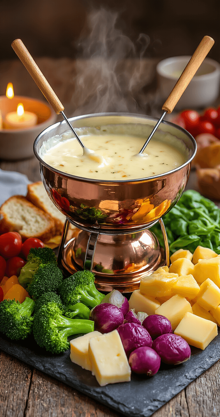 Een dampende kaasfondue in een koperen pot, omringd door kleurrijke groenten op een leisteen serveerplank, met elegante fonduevorkjes.