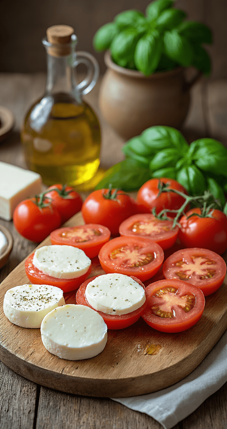 Keto Caprese Salade: Zomers Genieten zonder Koolhydraten Een houten snijplank met gesneden tomaten, mozzarella en verse basilicum, verlicht door zonlicht in een rustieke keuken. Een fles olijfolie en een vintage keramische kom zijn zichtbaar op de achtergrond.