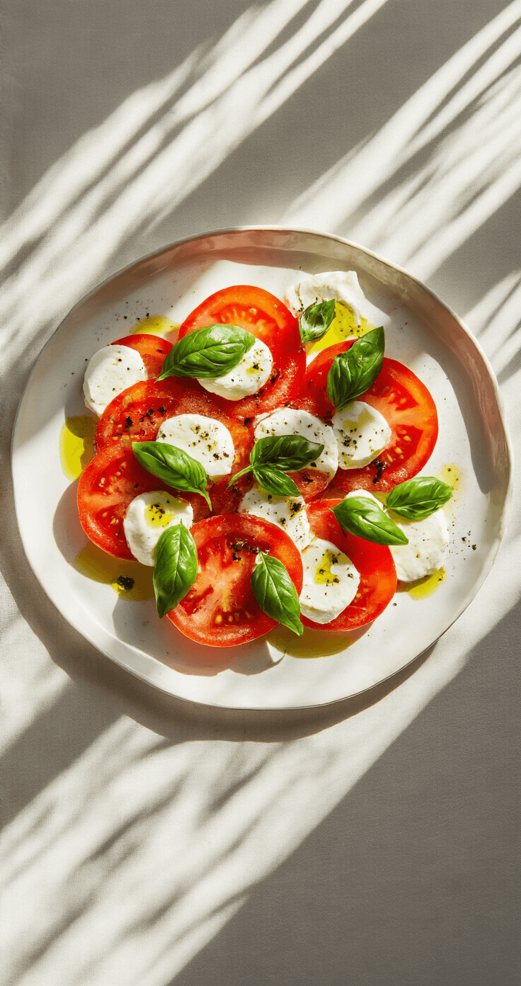 Keto Caprese Salade: Zomers Genieten zonder Koolhydraten Artistiek opgemaakte caprese salade op een handgemaakt wit porseleinen bord met overlappende tomaat- en mozzarellaplakken en fijngesneden basilicum, doordrenkt met olijfolie. Dramatische schaduw en stralend zonlicht op het bord.