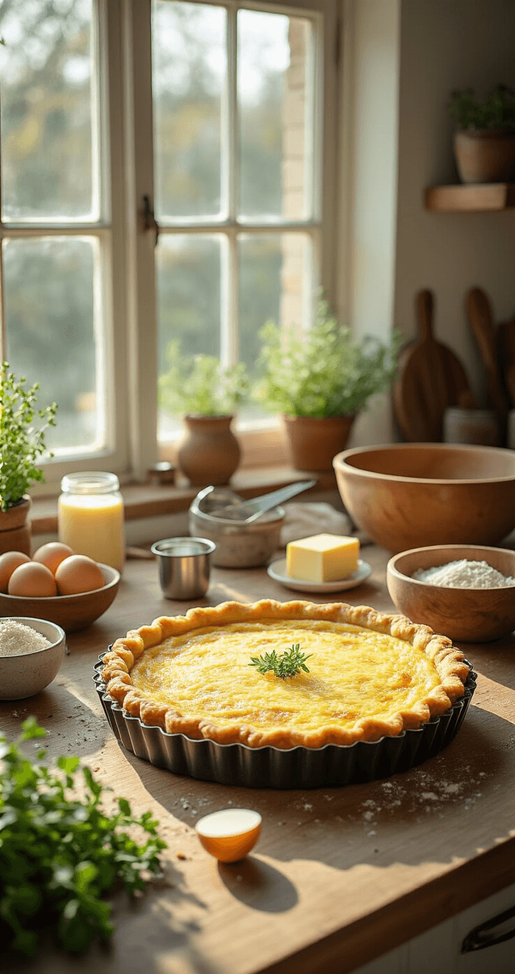 Een zonovergoten, rustieke keuken met een houten aanrecht vol ingrediënten voor een keto-quiche: gouden amandelmeel, verse eieren, romige boter en Provençaalse kruiden. In het midden staat een 23 cm donkere taartvorm, omringd door meetgereedschap en een houten mengkom, terwijl het ochtendlicht door het raam stroomt en zachte schaduwen werpt.