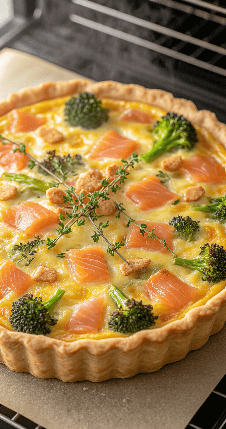 Een elegant gebakken keto quiche komt uit een professionele oven, met stoom die zachtjes omhoog stijgt. De bovenkant is perfect goudbruin met stukjes gerookte zalm, knapperige spekjes en levendige groene broccoli. De Gruyère kaas is gesmolten tot een amberkleur, gegarneerd met verse tijm. Zacht, warm licht benadrukt de feestelijke uitstraling van het gerecht.