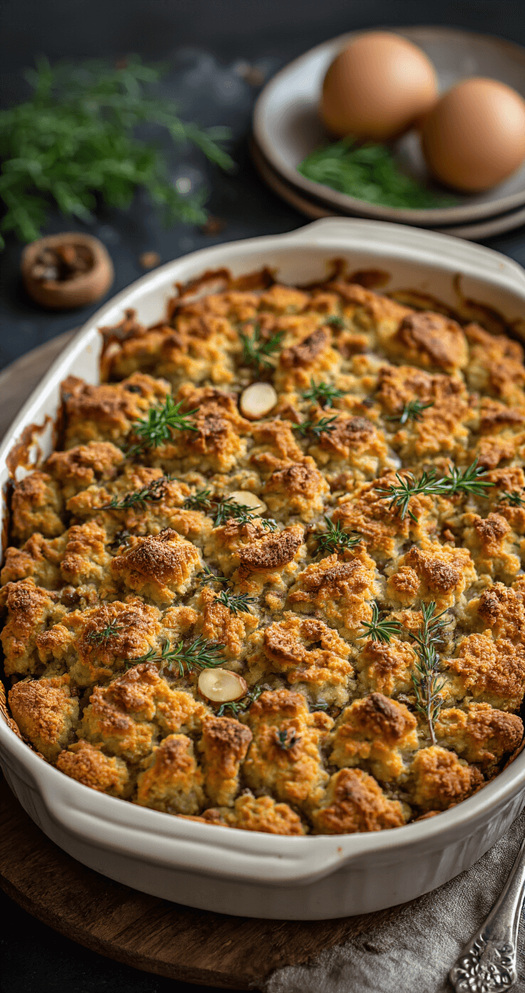 Rustieke ovenschaal met goudbruin gebakken kalkoenvulling, macadamianoten en groene kruiden, stoomend heet tegen een donkere achtergrond.