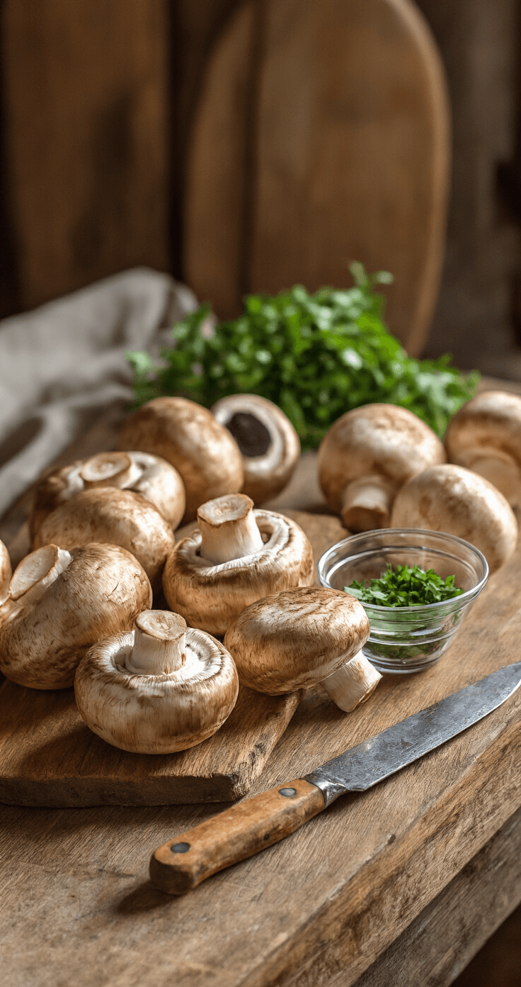 Rustieke houten snijplank met 12 verse champignons, een vintage mes en een glazen kom met gehakte peterselie, verlicht door warm natuurlijk licht.