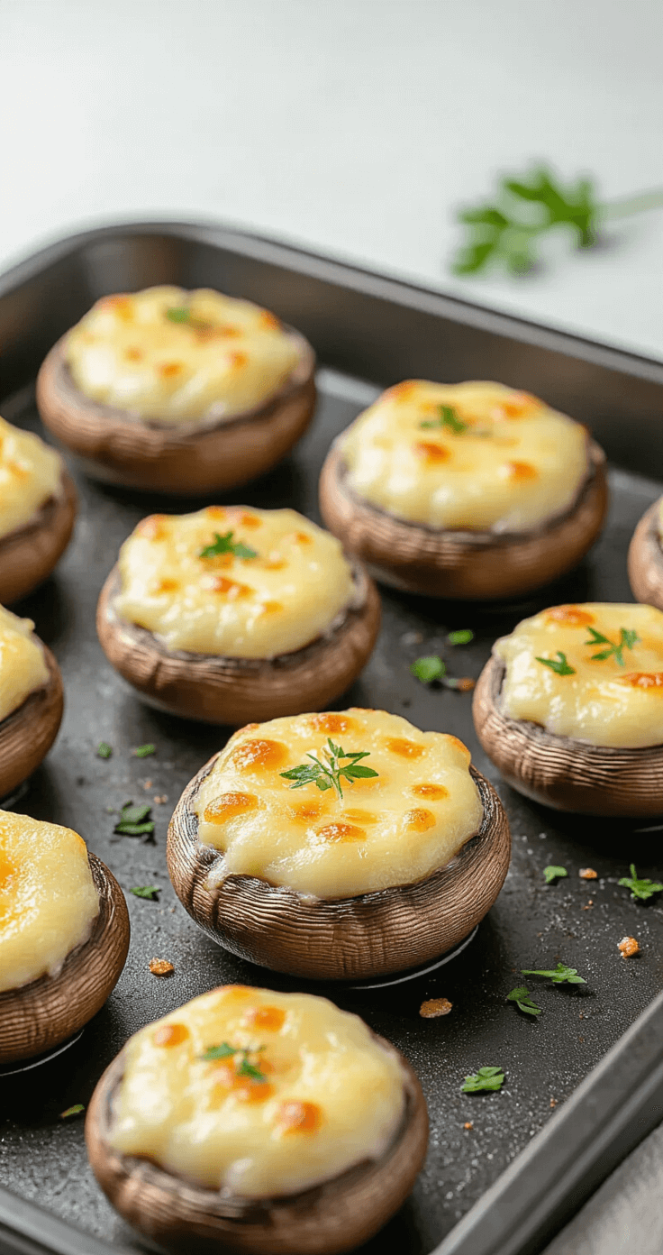 Goudbruin gegratineerde gevulde champignons met stoom, op een matzwarte ovenschaal, met glanzend smeltende kaas en verse peterselieblaadjes.
