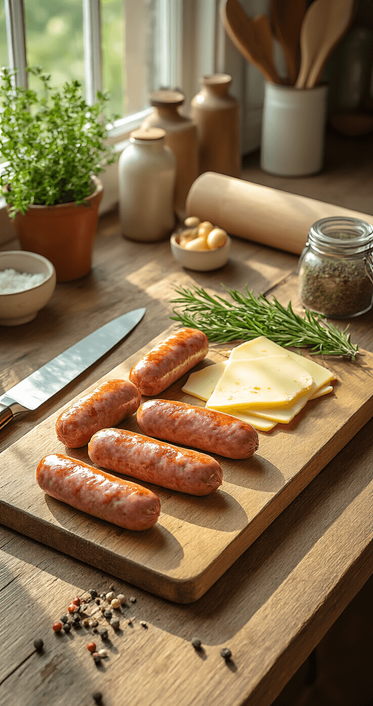 Rustieke houten keukentafel met mini-knakworstjes, ontbijtspek en rozemarijn, naast een vintage snijplank en professionele messen, inclusief keukenrol en kruiden in keramische potjes.
