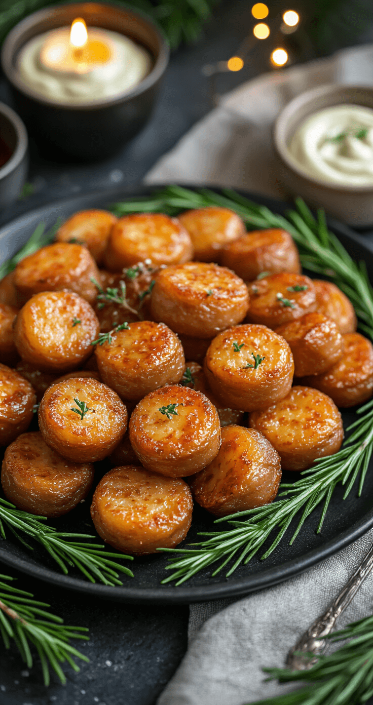 Een elegant geserveerd plateau van goudbruin gebakken spekworstjes op een matzwart bord, gegarneerd met verse rozemarijn, verlicht door sfeervolle kerstverlichting, met een kom mosterd-dipsaus en cocktailprikkers.