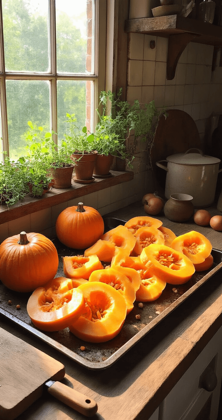 Vers gesneden oranje pompoenblokjes met paprikapoeder en kaneel op een donkere bakplaat in een rustieke keuken, omringd door een houten snijplank, een scherp koksmes en verse pompoenpitten.