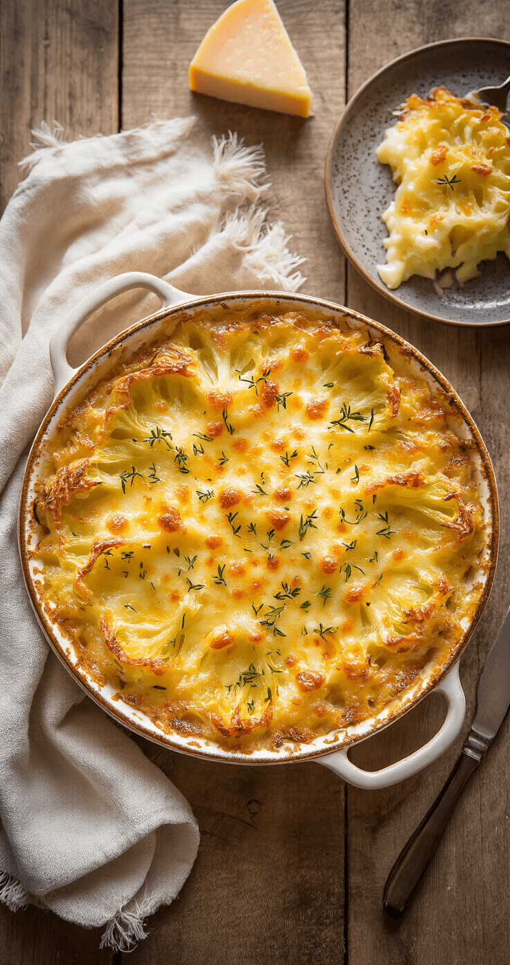 Een bruinend bloemkool gratin in een rustieke ovenschaal, met een goudbruine kaaslaag die licht bubbelt en bestrooid is met kleine spikkels bieslook. Stoom stijgt op in warm strijklicht, terwijl de randen van de schotel een knapperige kaaskorst tonen.