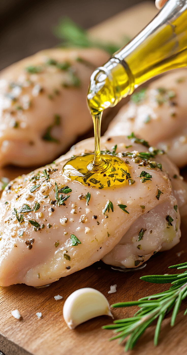 Close-up van glanzende kippendijen die worden gemassaged met een aromatische kruidenmarinade, glanzende olijfolie die over het vlees druppelt, verse rozemarijn en teentjes knoflook eromheen, zacht natuurlijk keukenlicht dat de textuur van de huid benadrukt, rustieke houten snijplank als achtergrond.
