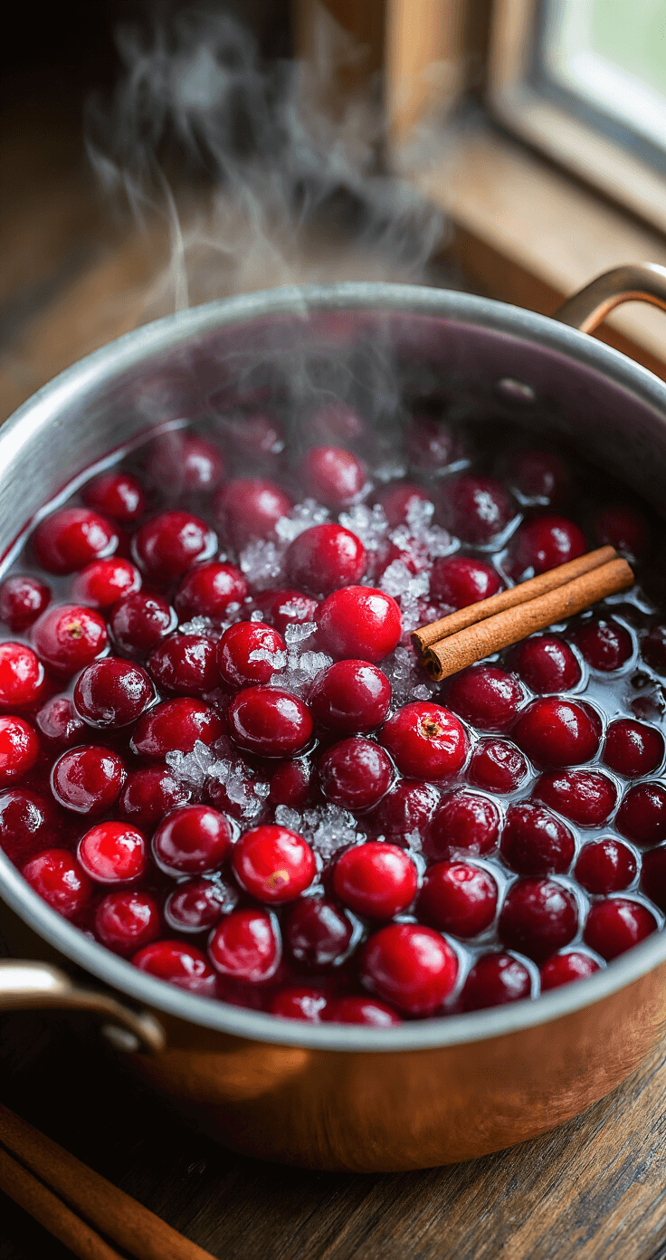 Vibrant rode cranberries die pruttelen in een koperen pan, met stoom die oprijst, een kaneelstok zichtbaar tussen de borrelende bessen, kristallijne erythritol glinsterend in natuurlijk licht, saus die een glanzende glans ontwikkelt, op een donkere houten aanrecht.
