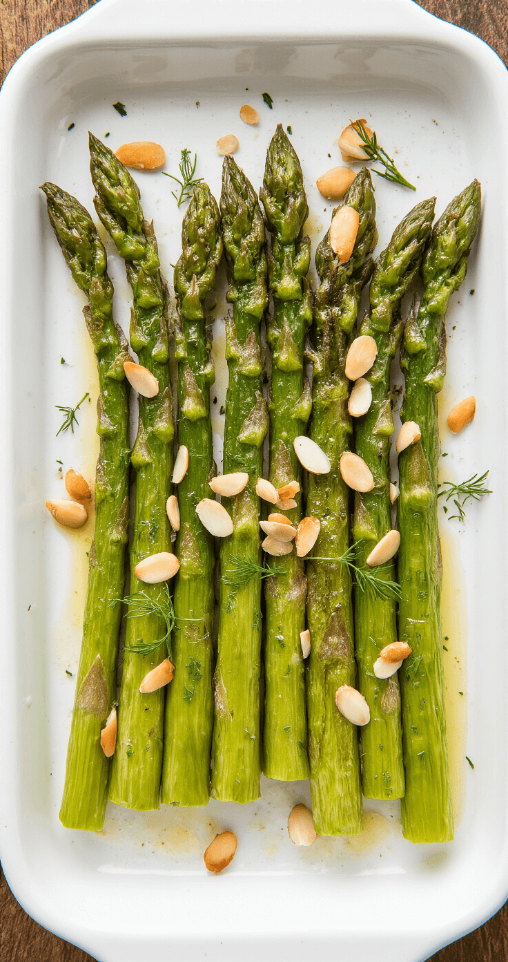 Overhead shot van perfect geroosterde groene asperges in een rustieke witte ovenschaal, gegarneerd met geschaafde amandelen en krokante kappertjes, verlicht door zacht, natuurlijk licht.