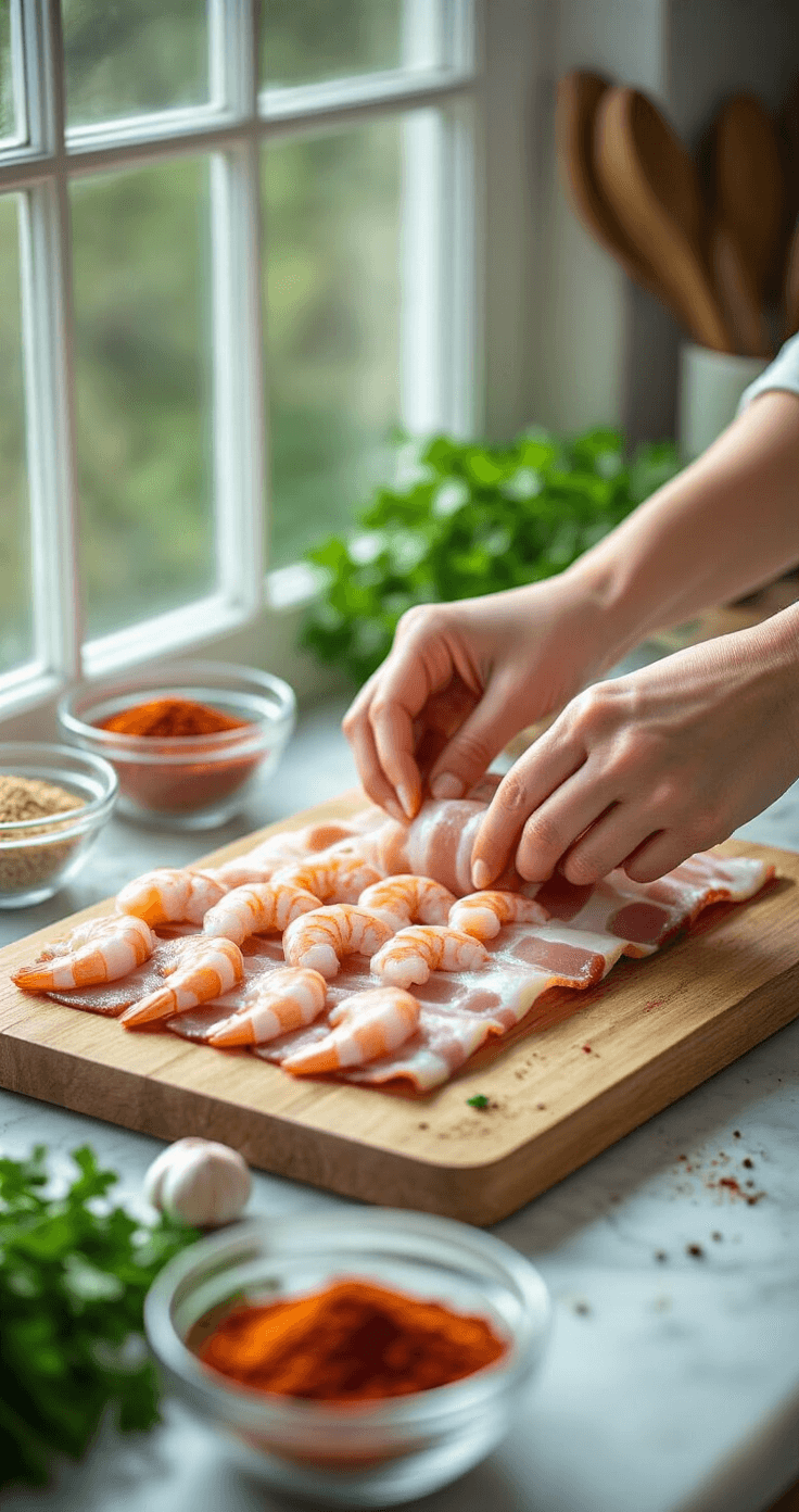Close-up van handen die grote, parelroze garnalen delicieus inwikkelen met dunne stripjes rauwe bacon op een marmeren aanrecht, verlicht door natuurlijk licht dat door een keukenraam stroomt. Een rustieke houten snijplank is bestrooid met aromatische kruiden en verse kruiden, terwijl kristallen kommetjes met paprika, knoflookpoeder en andere specerijen een artistieke compositie vormen.