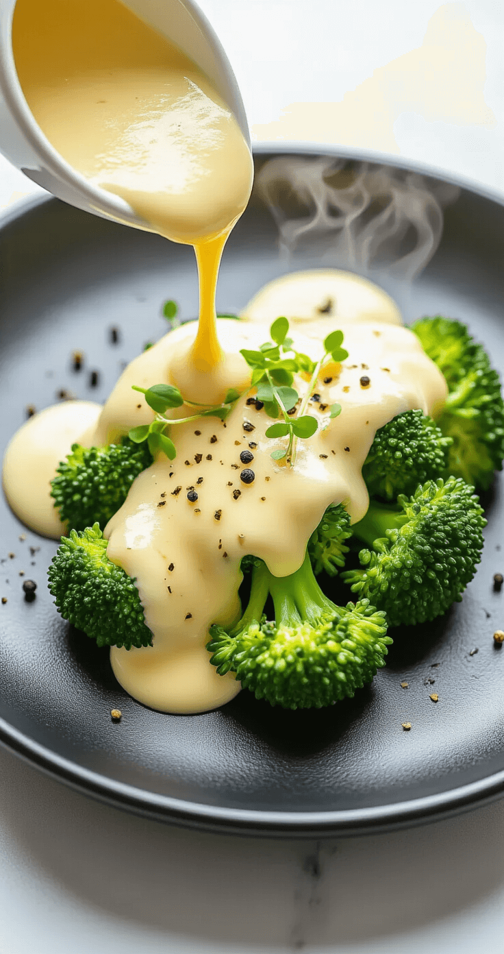 Een glanzende kaassaus die over heldere, gestoomde broccoliroosjes stroomt op een matte zwarte keramische schotel, omringd door verse peper en microgroenten, met stoomwolkjes die opstijgen in dramatisch zijlicht.