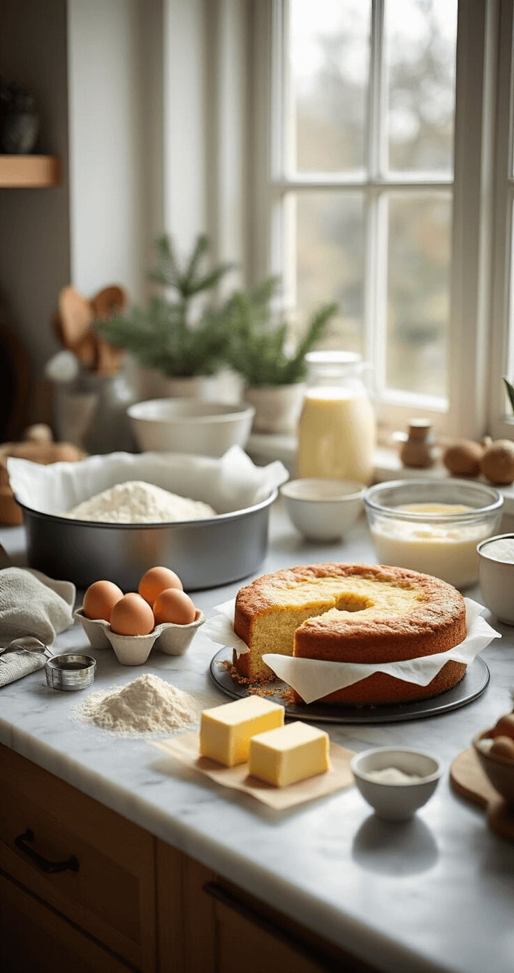 Moderne keuken met natuurlijke lichtinval, ingrediënten voor een keto kerstcake zoals amandelmeel, eieren, erythritol en boter op het aanrecht. Een 20 cm springvorm met bakpapier en georganiseerde maatgereedschappen en mengkommen stralen een professionele baksetting uit.