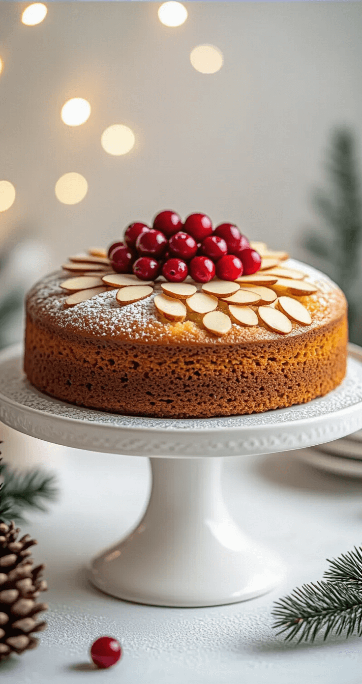 Professioneel gestyleerde keto kerstcake op een elegant wit keramisch taartplateau, gegarneerd met geschaafde amandelen en verse rode bessen, met een perfecte goudbruine kleur en een licht gebarsten bovenkant. Warme verlichting en een feestelijke achtergrond met subtiele kerstdecoraties. Een lichte stof van keto poedersuiker maakt het tot een magische winterdessertscène.