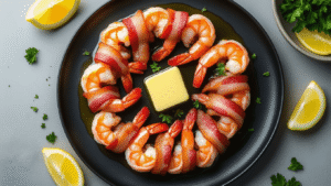 Bacon-wrapped jumbo shrimp arranged in a spiral on a matte black platter, featuring crispy golden-brown bacon and succulent pink shrimp, garnished with parsley and lemon, showcasing warm lighting and a moody atmosphere.