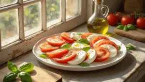A rustic Italian Caprese salad on a handmade white ceramic plate, featuring overlapping slices of heirloom tomatoes and buffalo mozzarella, garnished with fresh basil, bathed in golden sunlight from a Tuscan-style window.