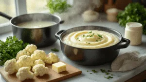 Bloemkoolpuree: Romig, Gezond & Supersnel Bereid! A creamy cauliflower puree in a matte black bowl, garnished with parsley and microgreens, sits on a marble countertop surrounded by fresh cauliflower, butter, cream, and herbs, illuminated by warm golden hour sunlight in a modern kitchen.