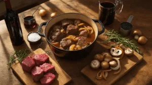 A warm, cinematic Dutch kitchen scene featuring a wooden countertop with a cast-iron Dutch oven, marbled beef chunks, caramelized onions, whole mushrooms, fresh herbs, and spices, illuminated by natural light creating dramatic shadows.