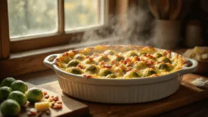 A steaming oval ceramic gratin dish filled with Brussels sprouts, bacon, and melted cheese, set in a rustic Dutch kitchen with warm natural light, surrounded by fresh ingredients and dramatic shadows.