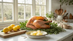 Keto Kerstkalkoen met Kruidenboter: Het Ultieme Feestgerecht A beautifully arranged kitchen scene featuring a raw turkey on a marble countertop surrounded by fresh herbs, lemons, and softened butter, with warm lighting and vintage cooking instruments.