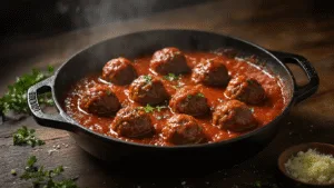 Keto Gehaktballetjes in Tomatensaus: Snel, Romig & Heerlijk! Aerial view of Dutch meatballs in a rich tomato sauce within a cast-iron pan, highlighted by moody kitchen lighting, steam rising, and glossy sauce with olive oil pools. Fresh herbs and minced garlic surround the dish on a rustic wooden surface, garnished with parmesan shavings and parsley, showcasing textured golden-brown meatballs in vibrant red sauce bubbles.