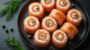 Keto Zalmrolletjes met Roomkaas: Heerlijke Low-Carb Delicatesse Cinematic overhead shot of elegant smoked salmon rolls with herb cream cheese on a matte black ceramic platter, garnished with dill and capers, featuring cool pink tones against a dark background in a modern Nordic minimalist style.