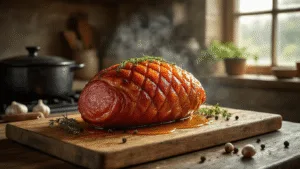 Photorealistic Dutch ham glazed with honey-mustard, resting on a rustic wooden board with a diamond-scored crust, garnished with fresh herbs in a moody kitchen setting, featuring chiaroscuro lighting, vintage copper accents, and soft bokeh.