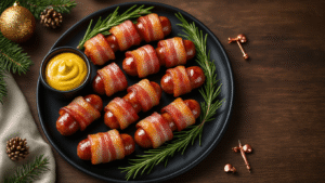 Keto Kerstworstjes in Spek: Hét Ultieme Feesthapje voor Low-Carb Liefhebbers A luxurious overhead shot of bacon-wrapped mini sausages on a matte black platter, garnished with rosemary, accompanied by a golden mustard dip, on a rustic wooden table with soft Christmas lighting and a moody atmosphere.