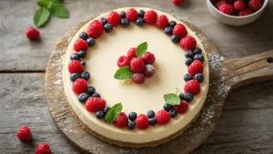 Koolhydraatarme No Bake Cheesecake: Hét Ultieme Gezonde Dessert Aerial view of a no-bake keto cheesecake on a rustic wooden board, garnished with fresh red berries and mint, with a vintage cake stand and server in the soft background.