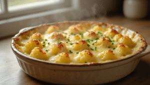 Keto Bloemkool Gratin: De Ultieme Comfortmaaltijd met Minimale Koolhydraten Photorealistic image of a bubbling golden-brown cauliflower gratin in a rustic ceramic dish, illuminated by natural light, showcasing melted cheese, chives, and creamy sauce, with a soft-focused modern kitchen counter in the background.