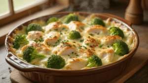 Keto Romige Broccoli Ovenschotel: Makkelijk, Snel en Verrukkelijk! A hyperrealistic food photograph of a rustic ceramic baking dish filled with chicken and broccoli in creamy sauce, topped with golden-brown mozzarella cheese, set in a cozy Dutch kitchen with warm lighting, garnished with fresh herbs, and steam rising.