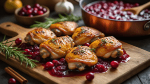 Keto Kip met Suikervrije Cranberrysaus: Een Feestelijk Lowcarb Gerecht Golden-brown chicken thighs with crispy skin sit on a rustic wooden cutting board, glistening with olive oil and herbs, surrounded by vibrant red cranberry sauce and garnished with fresh rosemary and whole cranberries, with a copper pan of simmering sauce in a dark moody background, illuminated by soft natural light.