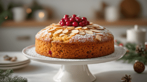 A golden-brown keto Christmas almond cake on a white ceramic stand, garnished with sliced almonds and red berries, dusted with powdered sugar, set in a softly focused modern Dutch kitchen with subtle Christmas decor.